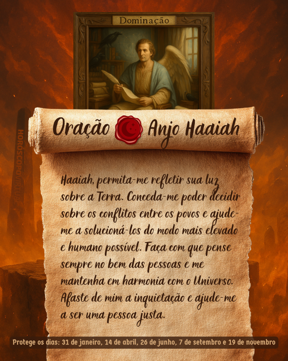 Imagem vertical, com fundo em tons de laranja e marrom. Na parte superior, há um quadro representando um anjo. Um pergaminho antigo ocupa a maior parte da imagem e apresenta o título “Oração Anjo Haaiah” e a oração: 