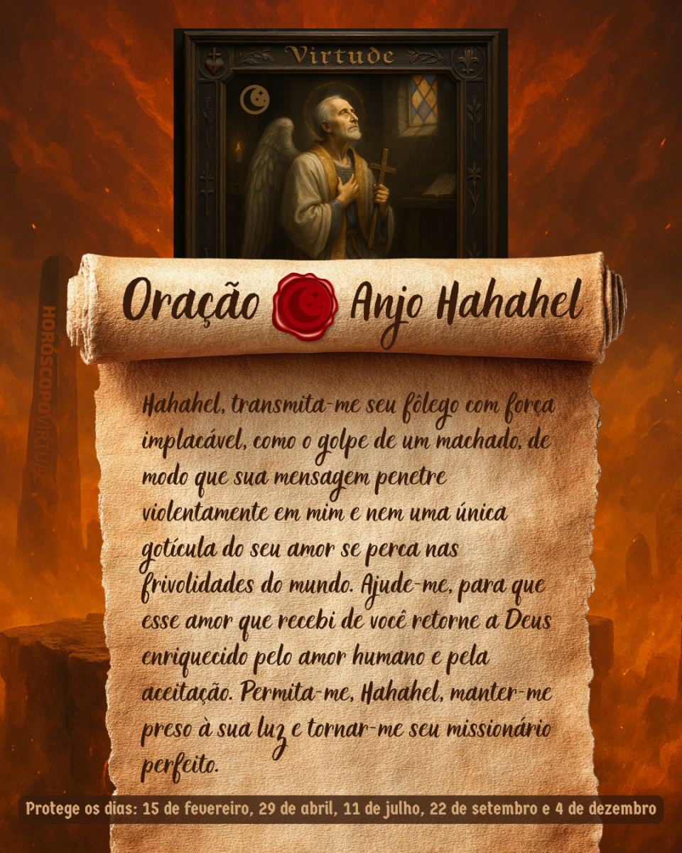 HORÓSCOPO ViRTUaL / Canva Imagem vertical, com fundo em tons de laranja e marrom. Na parte superior, há um quadro representando um anjo. Um pergaminho antigo ocupa a maior parte da imagem e apresenta o título “Oração Anjo Hahahel” e a oração: