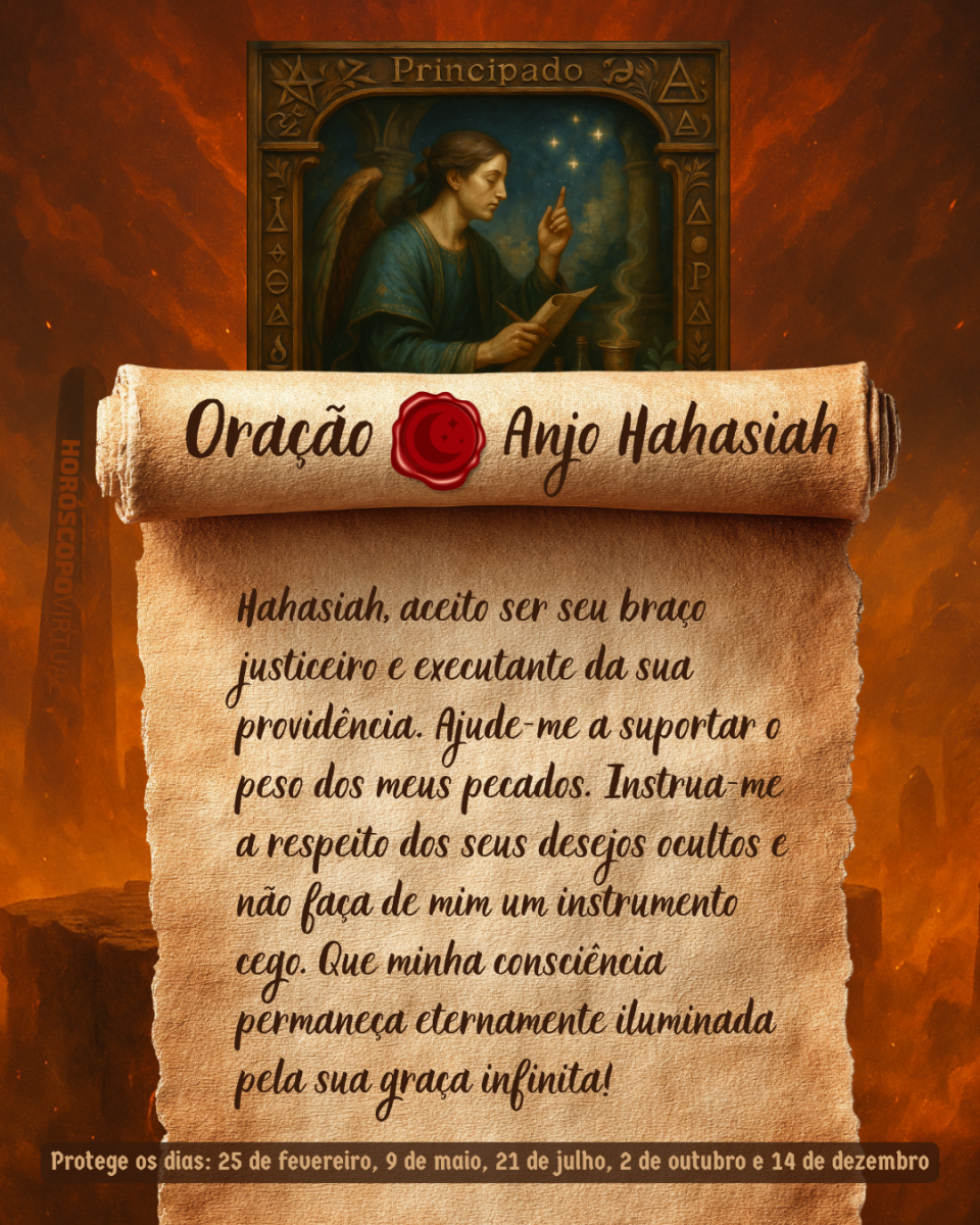 HORÓSCOPO ViRTUaL / Canva Imagem vertical, com fundo em tons de laranja e marrom. Na parte superior, há um quadro representando um anjo. Um pergaminho antigo ocupa a maior parte da imagem e apresenta o título “Oração Anjo Hahasiah” e a oração: