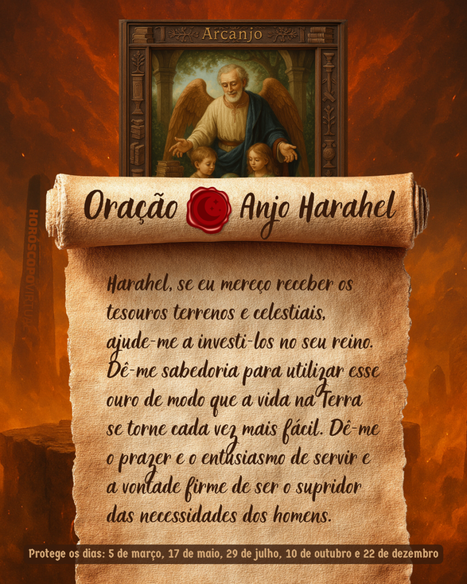 HORÓSCOPO ViRTUaL / Canva Imagem vertical, com fundo em tons de laranja e marrom. Na parte superior, há um quadro representando um anjo. Um pergaminho antigo ocupa a maior parte da imagem e apresenta o título “Oração Anjo Harahel” e a oração: