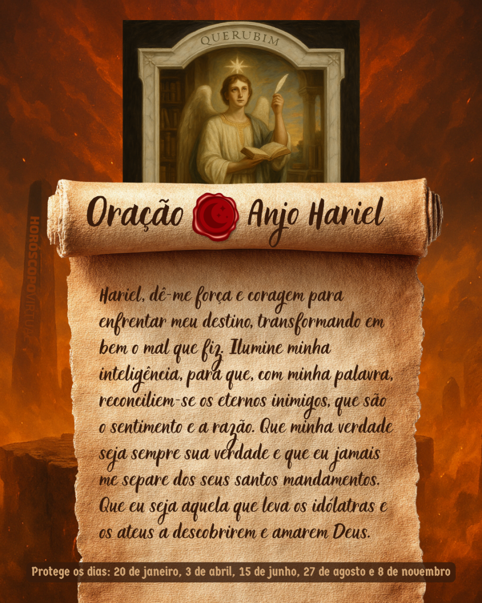 HORÓSCOPO ViRTUaL / Canva Imagem vertical, com fundo em tons de laranja e marrom. Na parte superior, há um quadro representando um anjo. Um pergaminho antigo ocupa a maior parte da imagem e apresenta o título “Oração Anjo Hariel” e a oração: