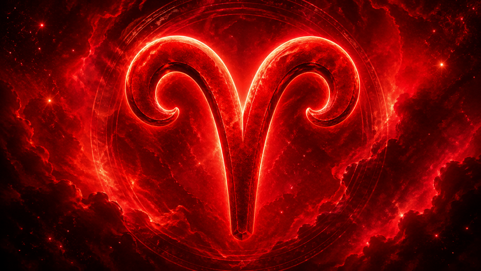 HORÓSCOPO ViRTUaL / Canva Símbolo de Áries brilhante em vermelho intenso no centro, sobre fundo cósmico com nuvens e luzes em tons de vermelho.