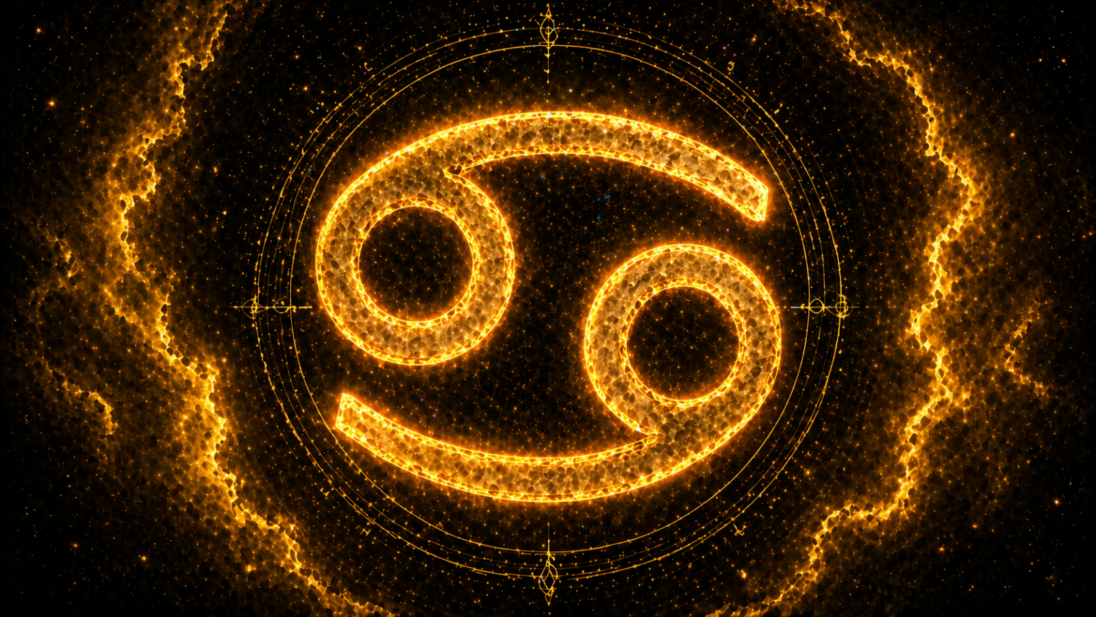 HORÓSCOPO ViRTUaL / Canva Símbolo de Câncer dourado brilhante no centro, sobre fundo cósmico escuro com efeitos luminosos.