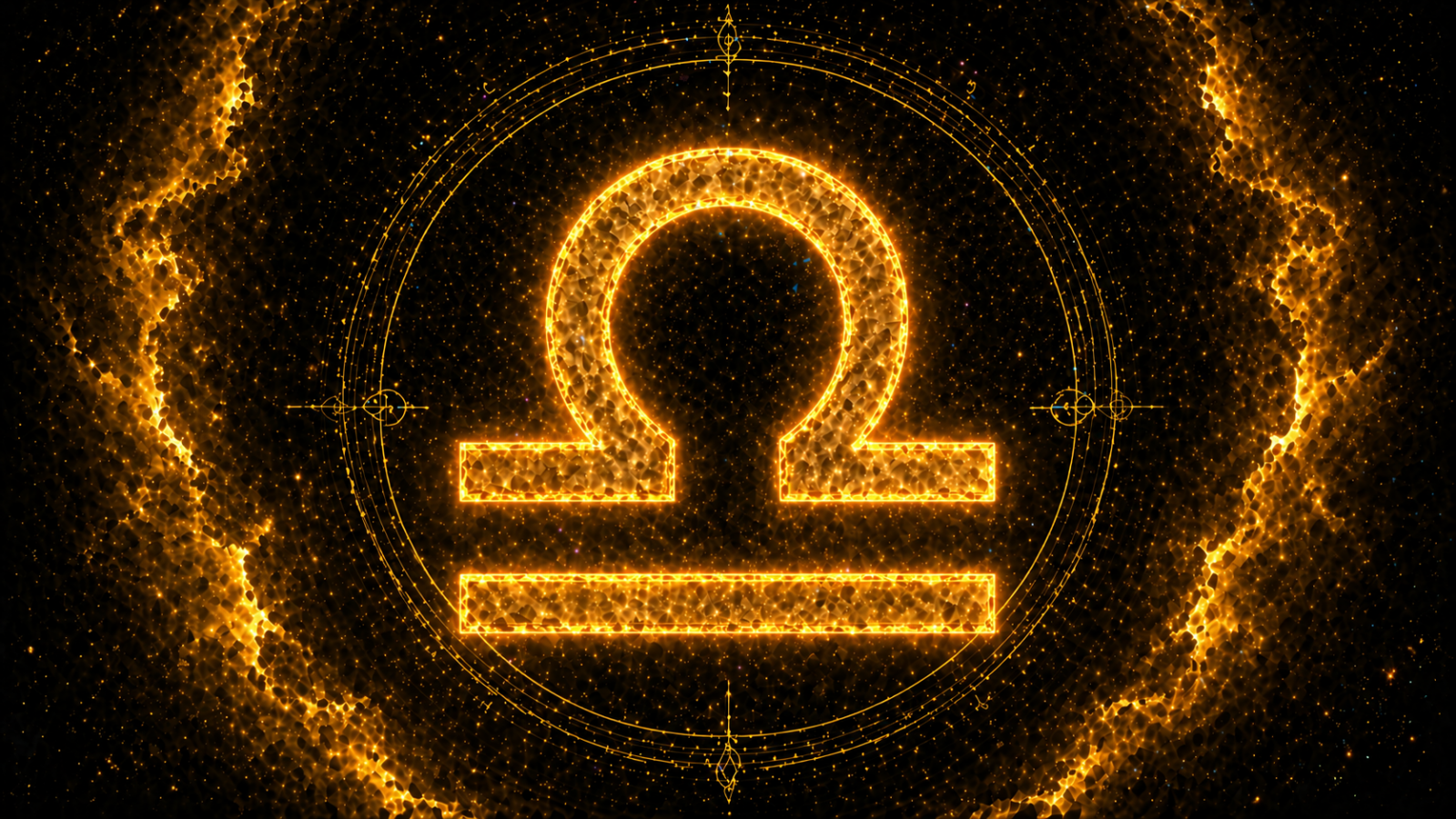 HORÓSCOPO ViRTUaL / Canva Símbolo de Libra dourado brilhante no centro, sobre fundo cósmico escuro com efeitos luminosos.