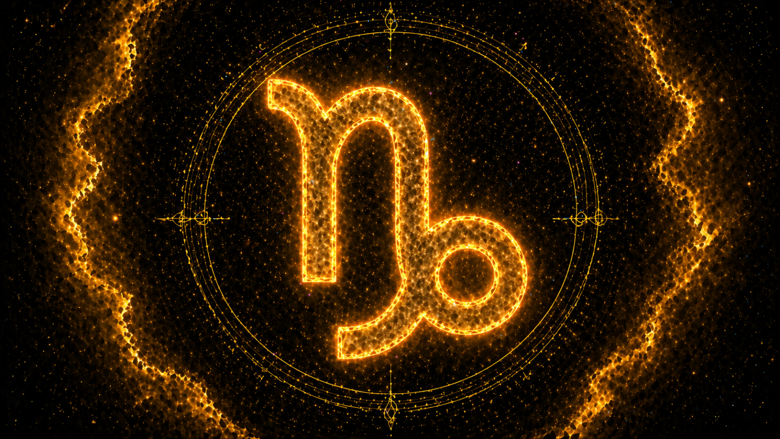 HORÓSCOPO ViRTUaL / Canva Símbolo de Capricórnio dourado brilhante no centro, sobre fundo cósmico escuro com efeitos luminosos.