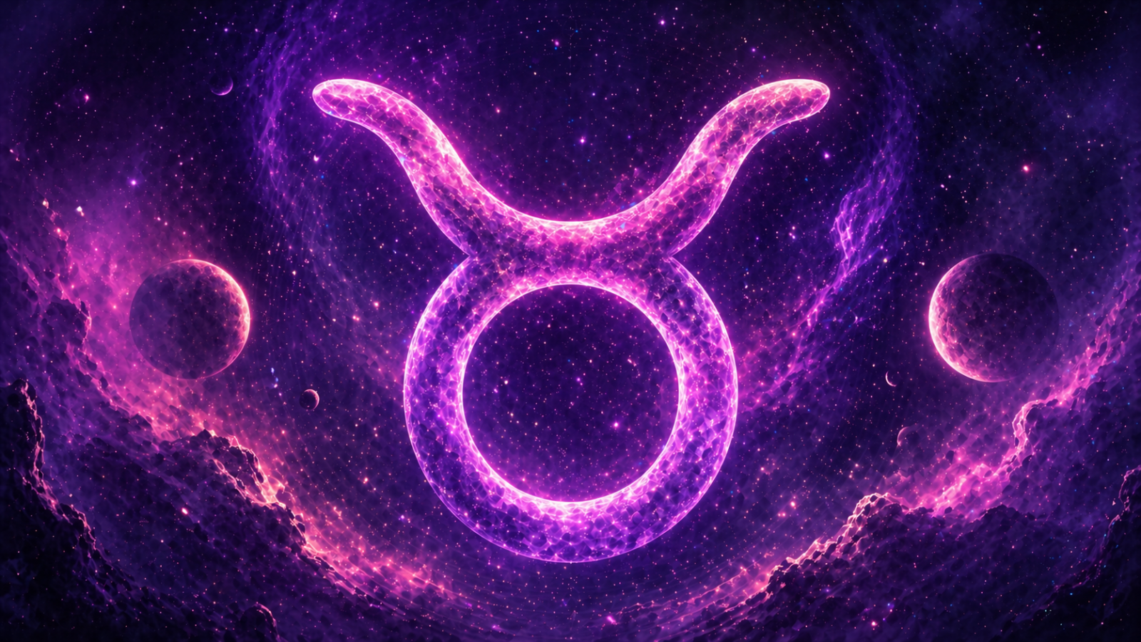 Símbolo de Touro em roxo e rosa no centro, sobre fundo espacial com planetas e estrelas.