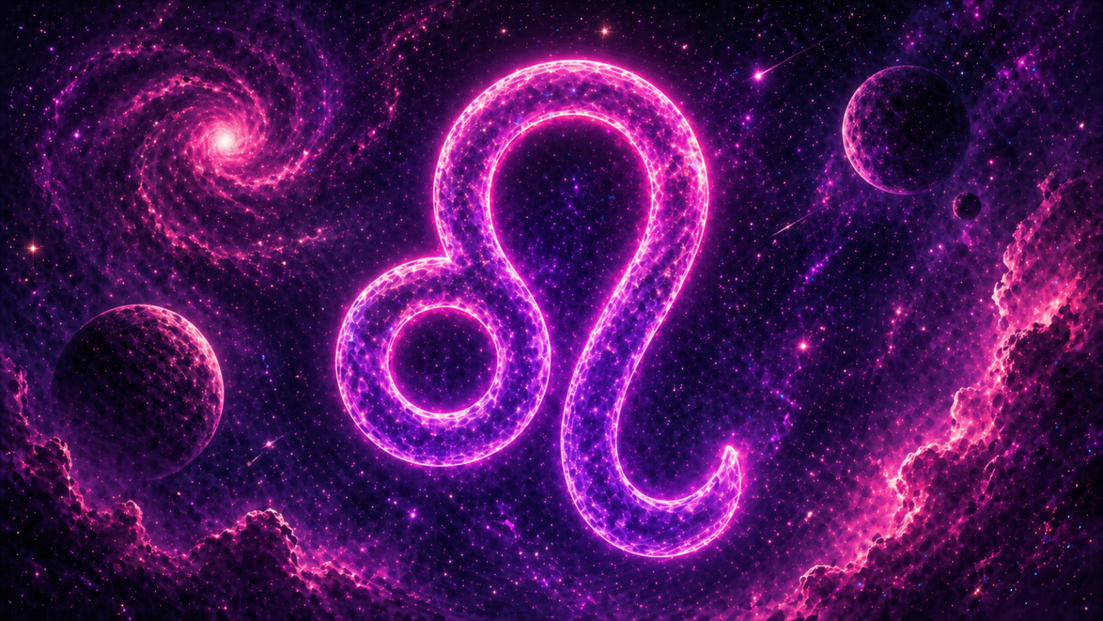 Símbolo de Leão em roxo e rosa no centro, sobre fundo espacial com planetas e estrelas.