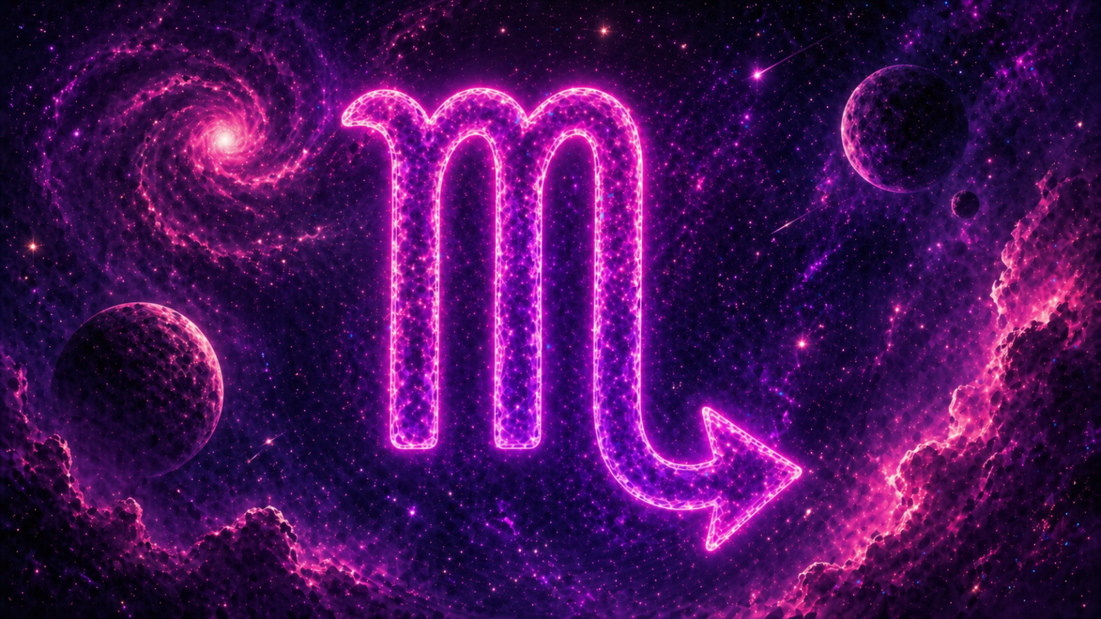 Símbolo de Escorpião em neon rosa brilhante sobre fundo cósmico com galáxias e planetas em tons de roxo e magenta.