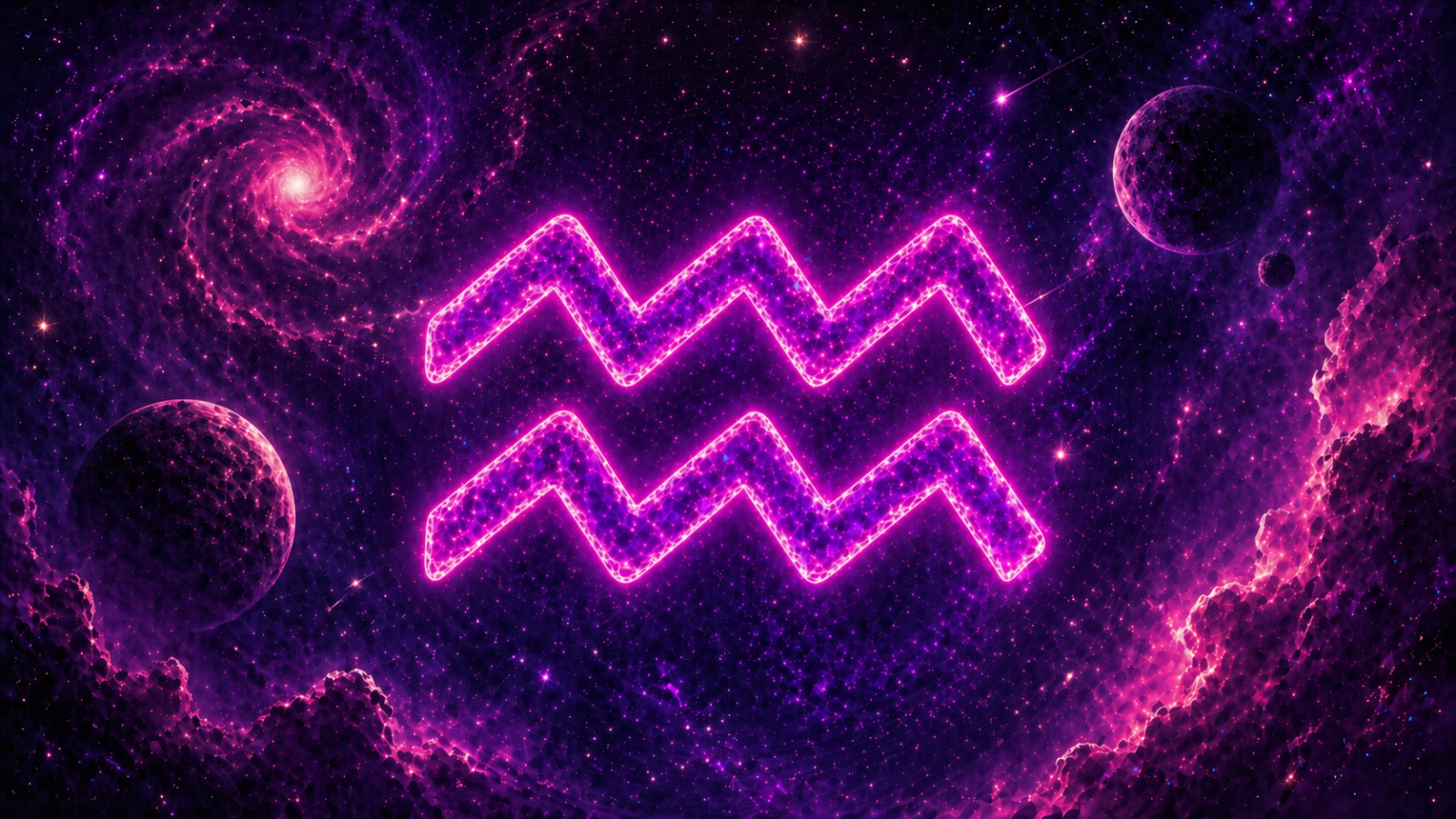 Símbolo de Aquário em neon rosa brilhante sobre fundo espacial com galáxias, estrelas e planetas em tons de roxo e magenta.