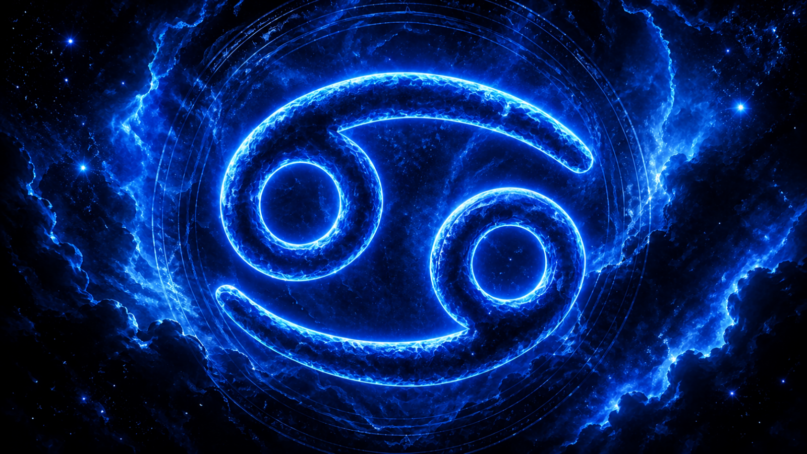 HORÓSCOPO ViRTUaL / Canva Símbolo de Câncer brilhante em azul no centro, sobre fundo cósmico com nuvens e estrelas em tons de azul.