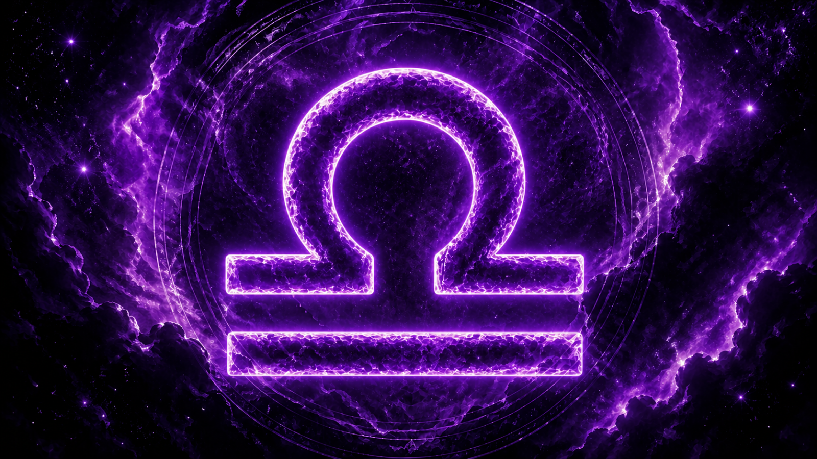 HORÓSCOPO ViRTUaL / Canva Símbolo de Libra brilhante em roxo no centro, sobre fundo cósmico com nuvens e estrelas em tons de roxo.