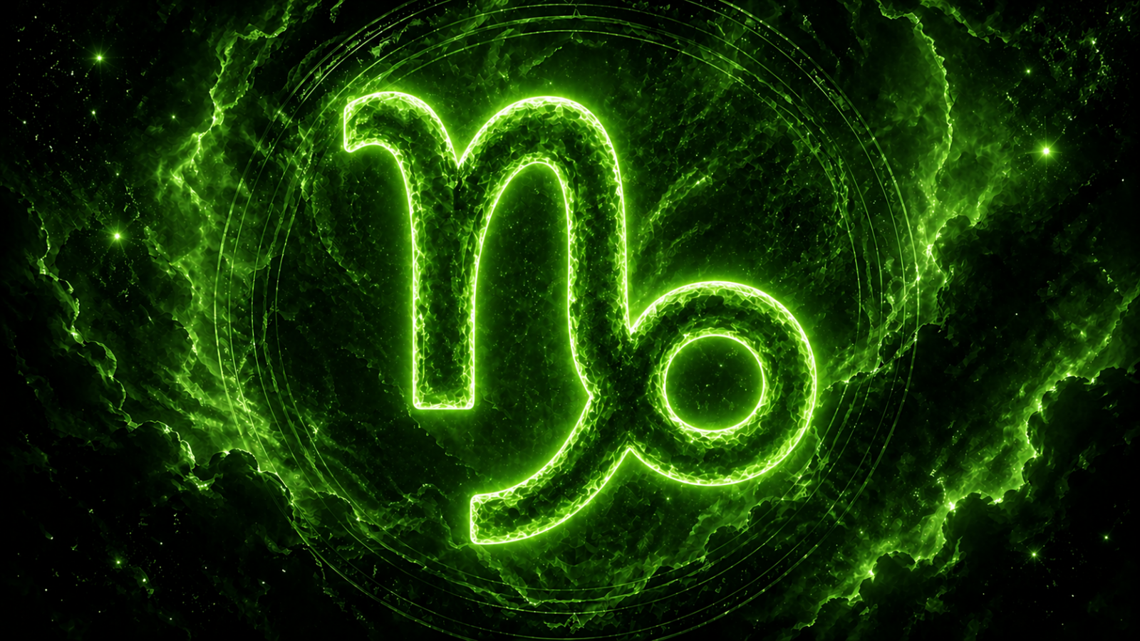 HORÓSCOPO ViRTUaL / Canva Símbolo de Capricórnio brilhante em verde no centro, sobre fundo cósmico com nuvens e estrelas em tons de verde.