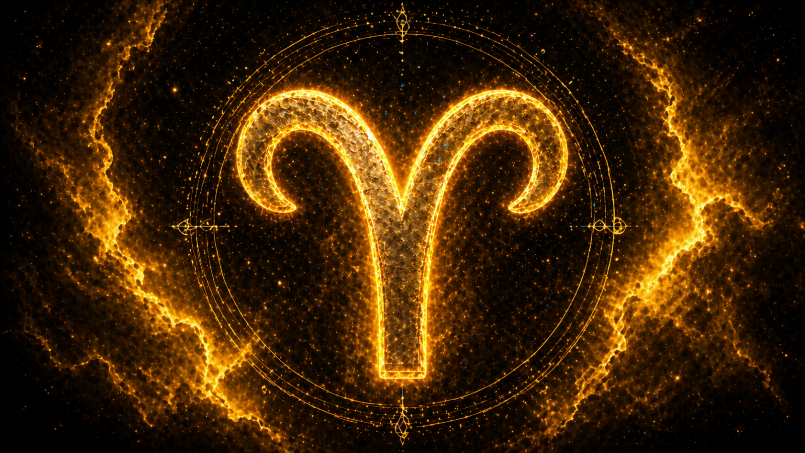 HORÓSCOPO ViRTUaL / Canva Símbolo de Áries dourado brilhante no centro, sobre fundo cósmico escuro com efeitos luminosos.