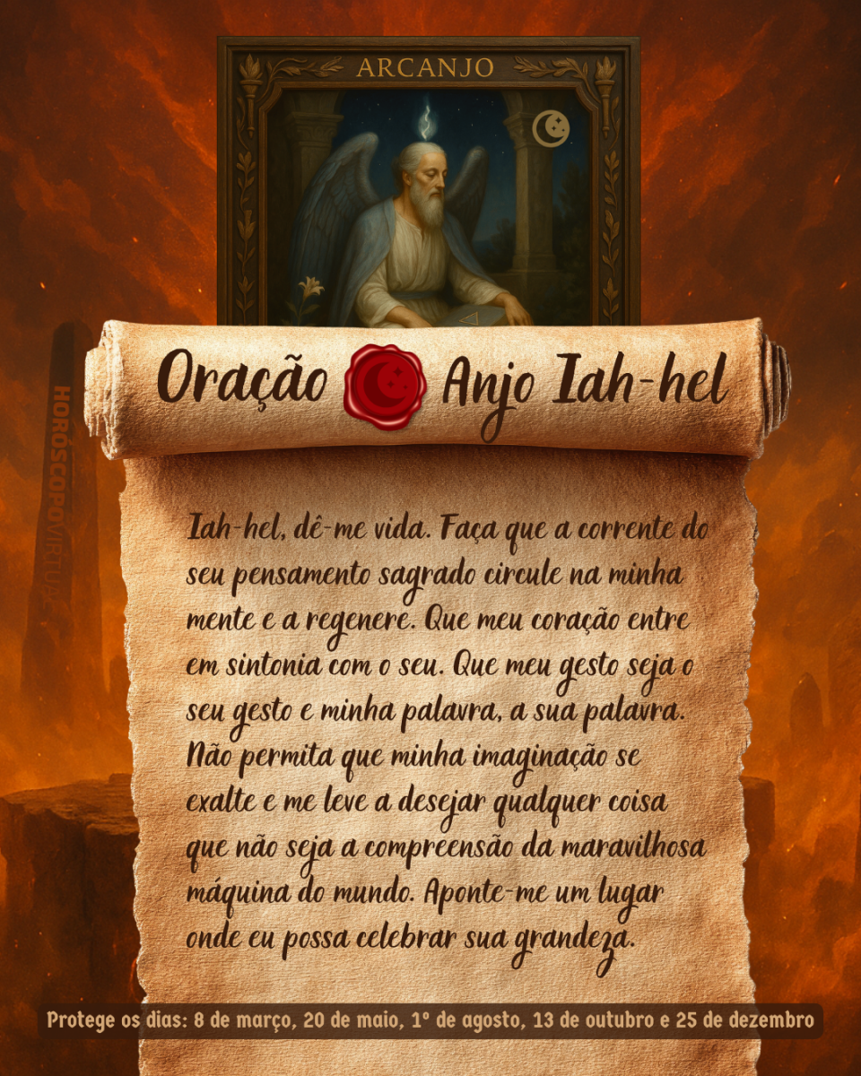 Imagem vertical, com fundo em tons de laranja e marrom. Na parte superior, há um quadro representando um anjo. Um pergaminho antigo ocupa a maior parte da imagem e apresenta o título “Oração Anjo Iah-hel” e a oração: 