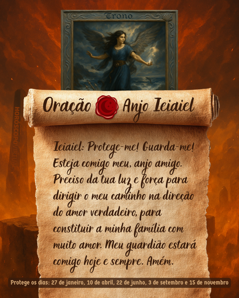 Imagem vertical, com fundo em tons de laranja e marrom. Na parte superior, há um quadro representando um anjo. Um pergaminho antigo ocupa a maior parte da imagem e apresenta o título “Oração Anjo Ieiaiel” e a oração: 