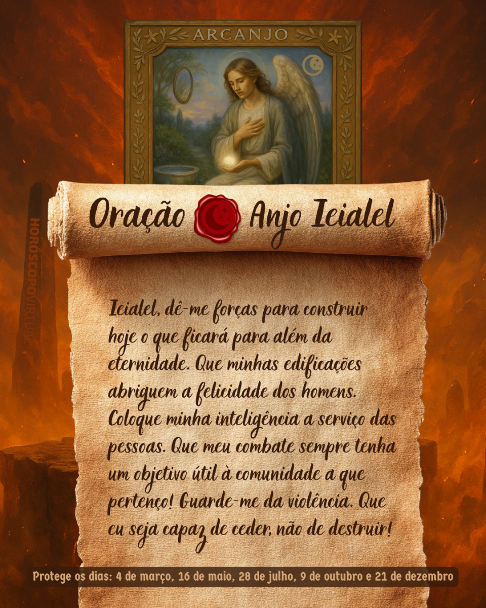 HORÓSCOPO ViRTUaL / Canva Imagem vertical, com fundo em tons de laranja e marrom. Na parte superior, há um quadro representando um anjo. Um pergaminho antigo ocupa a maior parte da imagem e apresenta o título “Oração Anjo Ieialel” e a oração: