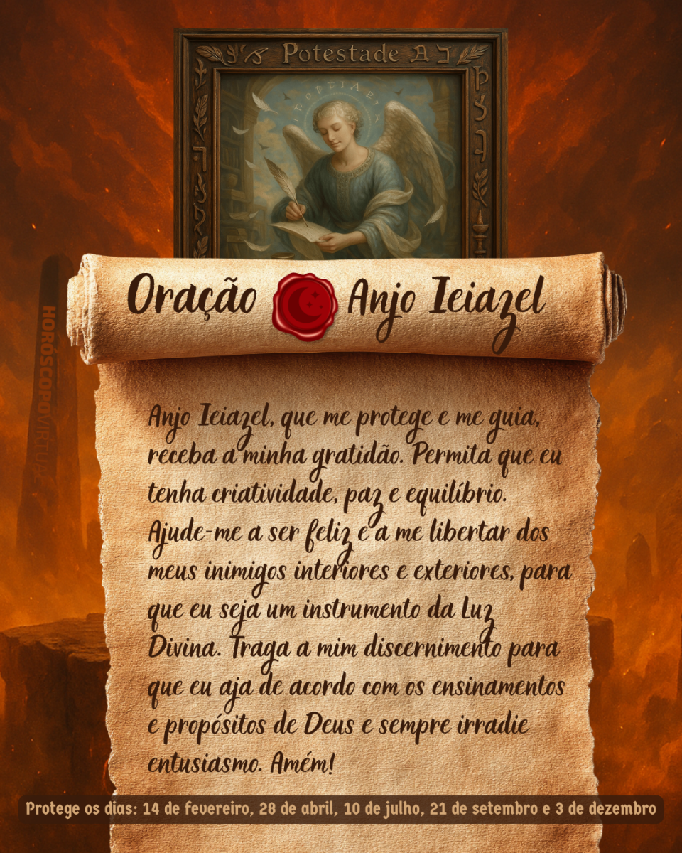 HORÓSCOPO ViRTUaL / Canva Imagem vertical, com fundo em tons de laranja e marrom. Na parte superior, há um quadro representando um anjo. Um pergaminho antigo ocupa a maior parte da imagem e apresenta o título “Oração Anjo Ieiazel” e a oração: