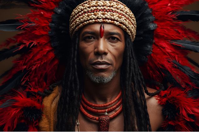 Canva/horoscopovIrtuAl Imagem do caboclo Cobra Coral da Umbanda. Ele veste indumentárias que remetem às tradições indígenas, adornadas com penas vermelhas, pretas e brancas e colares de sementes.