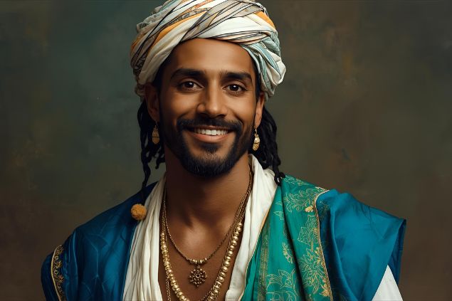 Canva/horoscopovIrtuAl Imagem do Cigano Juan da Umanda. Ele usa roupas elegantes e leves, com cores como azul, branco e verde, simbolizando sabedoria, harmonia e proteção e sua aparência é de um homem de presença marcante e sorriso acolhedor, com olhar atento que transmite segurança, serenidade e otimismo.