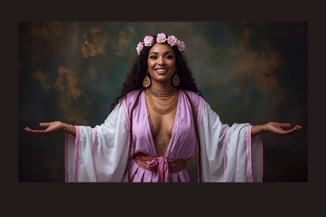 Imagem da cigana Sara da Umbanda. Ela usa roupas elegantes e fluidas, com cores como rosa, branco e lilás, simbolizando proteção, intuição, harmonia e alegria espiritual. A sua aparência é de uma mulher de presença marcante, sorriso acolhedor.