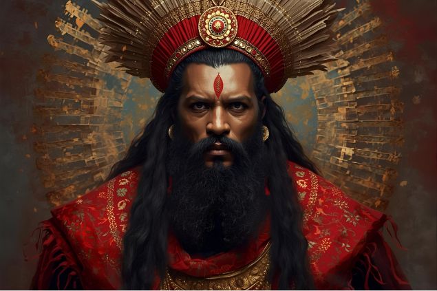 Imagem do Exu Pinga Fogo da umbanda. Ele usa roupas em tons de vermelho, preto e dourado, refletindo intensidade, poder e vitalidade espiritual. Tem uma aparência imponente, olhar penetrante e postura firme, transmitindo autoridade e energia vibrante.