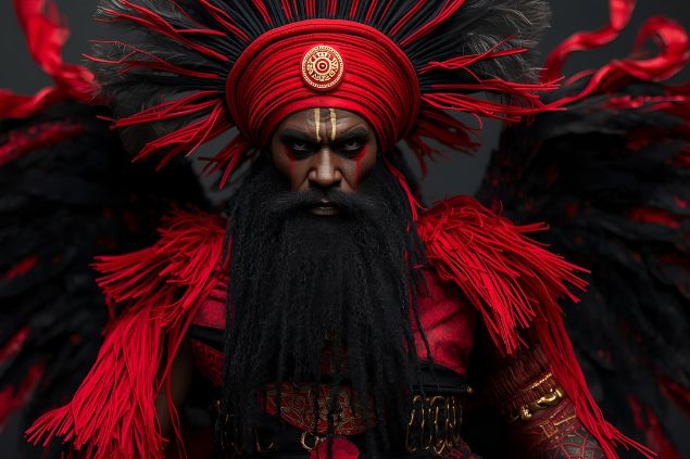 Canva/horoscopovIrtuAl Imagem do Exu Bara da Umbanda. Ele usa roupas em tons de vermelho e preto, muitas vezes acompanhadas de detalhes em branco, representando movimento, vitalidade e equilíbrio entre forças opostas. Sua aparência é de uma figura imponente, com olhar penetrante e postura firme, transmitindo confiança e energia vibrante.