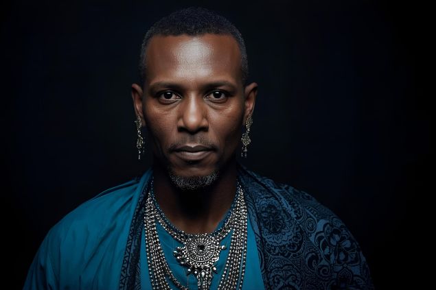 Imagem do Exu Maré da Umbanda. Ele usa roupas em tons de azul, verde-água e preto, muitas vezes com detalhes prateados, representando a fluidez das águas, proteção e conexão com as energias sutis. Possui uma imagem serena e envolvente, com olhar profundo que transmite alerta, sabedoria e segurança, refletindo sua capacidade de perceber energias densas e conduzir caminhos com equilíbrio.