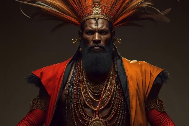 Canva/horoscopovIrtuAl Imagem do Exu Gira Mundo da Umbanda. Ele usa roupas em tons de vermelho, laranja e preto, com detalhes metálicos ou brilhantes, representando força, movimento e a capacidade de transformar situações estagnadas. Possui uma figura imponente e dinâmica, com olhar atento que transmite segurança, presença e capacidade de perceber caminhos e oportunidades antes ocultos.