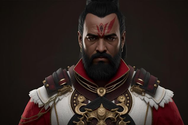 Canva/horoscopovIrtuAl Imagem do Exu 7 Encruzilhadas. Ele usa roupas em tons de vermelho, preto e branco, muitas vezes com detalhes dourados, representando proteção, energia vital e conexão com as forças da encruzilhada e a sua aparência é de uma figura firme e imponente, com olhar atento que transmite sabedoria, autoridade e segurança.