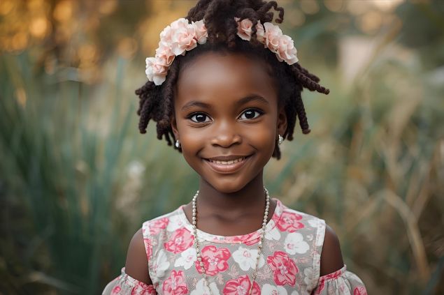 Canva/horoscopovIrtuAl Imagem da Pombagira Menina da Umbanda. Ela usa roupas simples, coloridas e lúdicas, frequentemente em tons claros, rosa, azul e branco, representando pureza, leveza e proteção espiritual. Sua aparência é de uma figura infantil encantadora, com sorriso doce e olhar acolhedor, transmitindo ternura, alegria e serenidade.