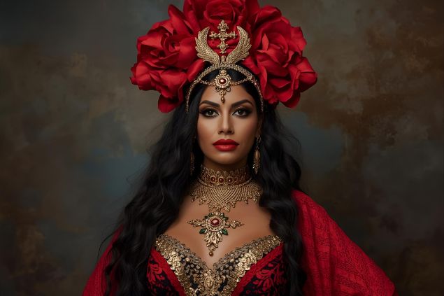 Canva/horoscopovIrtuAl Imagem da pombagira Maria Padilha da umbanda. Ela usa roupas vibrantes e elegantes, frequentemente em tons de vermelho, preto e dourado, representando força, poder e proteção espiritual.