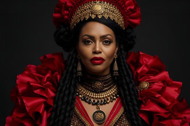 Canva/horoscopovIrtuAl Imagem da pombagira Maria Quitéria da Umbanda. Ela usa roupas refinadas e intensas, muitas vezes em vermelho, preto e dourado, refletindo sua autoridade, elegância e energia protetora.