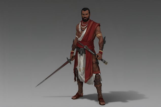 Imagem de Ogum de Ronda, uma das falanges de Ogum. Ele veste mantos ou túnicas nas cores vermelho e branco, cintos, botas ou sandálias resistentes, e um colar de contas vermelhas ou vermelhas e brancas. Em muitas representações, segura uma espada ou ferramenta simbólica de proteção.