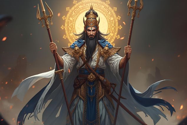  Imagem do Ogum de Lei que se apresenta com vestes que refletem sua autoridade, disciplina e força guerreira. Costuma usar roupas azuis e brancas, cores que simbolizam proteção, clareza e equilíbrio. Ele carrega espadas, lanças ou outros instrumentos de ferro, representando sua capacidade de manter a ordem, defender a justiça e remover obstáculos.