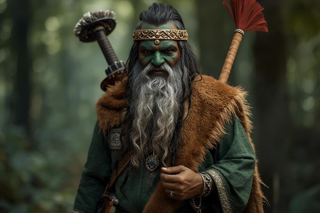 Canva/horoscopovIrtuAl Imagem de Ogum das Matas que se apresenta com vestes que refletem sua força guerreira e sua conexão com o verde das florestas. Costuma usar roupas em tons de verde, marrom e azul, cores que simbolizam proteção, equilíbrio e conexão com a natureza.