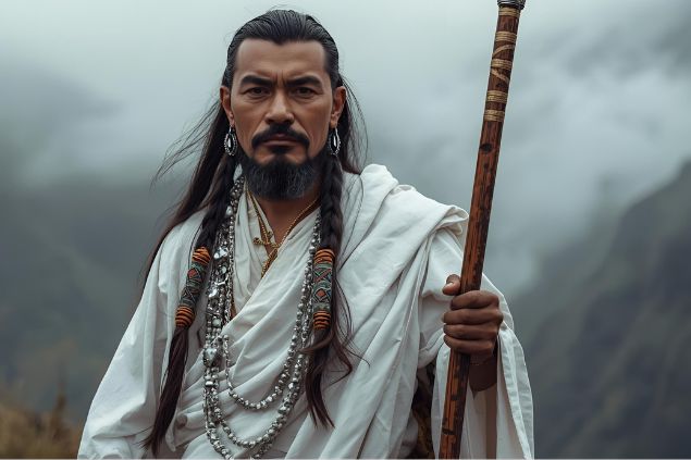 Canva/horoscopovIrtuAl Imagem de Okê que é representado com vestes brancas e detalhes prateados, que simbolizam pureza e firmeza espiritual. Em algumas tradições, carrega um bastão ou cajado, símbolo da montanha e da estabilidade. Sua aparência transmite força e serenidade, refletindo a presença protetora e segura de Oxalá nas alturas.