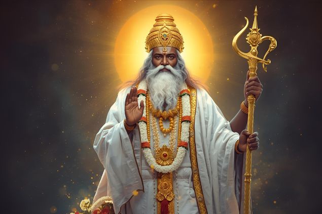 Canva/horoscopovIrtuAl Imagem de Olorun que é representado com vestes brancas e douradas, simbolizando sabedoria, luz e realeza espiritual. Em algumas tradições, carrega um cetro ou bastão dourado, representando autoridade espiritual e equilíbrio cósmico.