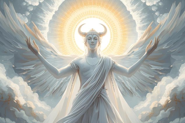 Imagem de Oxalá que irradia serenidade, sabedoria e uma luz divina que inspira paz e harmonia. É representado pela cor branca, símbolo da pureza, da fé e da conexão direta com Olorun, o Criador Supremo.