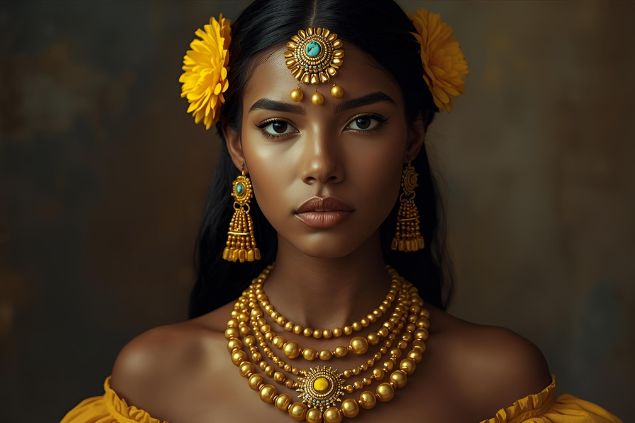 Imagem de Oxum Apará tradicionalmente representada com roupas que refletem sua juventude e graça, em tons de amarelo ou dourado, cores que simbolizam a luz. Complementa sua aparência com acessórios que evocam riqueza e delicadeza, como colares de contas douradas e flores.