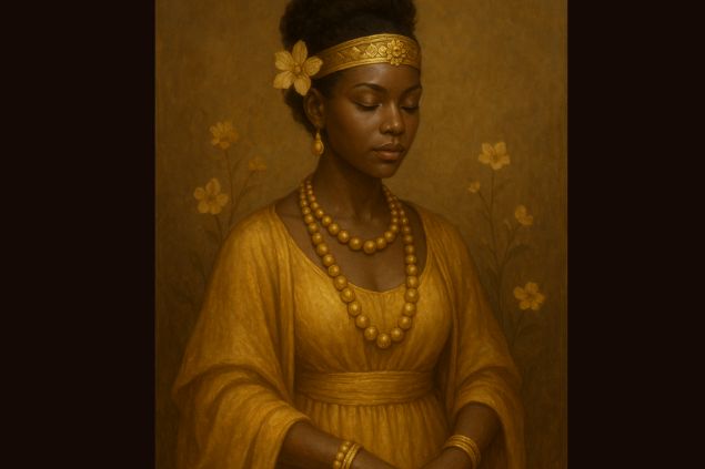 Canva/horoscopovIrtuAl Imagem de Oxum Ijimu com roupas em tons de dourado e com colares de contas douradas, flores discretas e adornos.