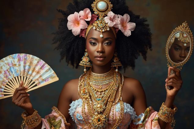 Canva/horoscopovIrtuAl Imagem de Oxum Iponda usando trajes em tons de dourado, rosa e azul-claro, adornados com joias e flores. Seus colares são ricos e delicados, simbolizando prosperidade, encanto e feminilidade. Carrega leques, espelhos e flores nas mãos, reforçando sua conexão com a beleza, a sedução e a força do amor.