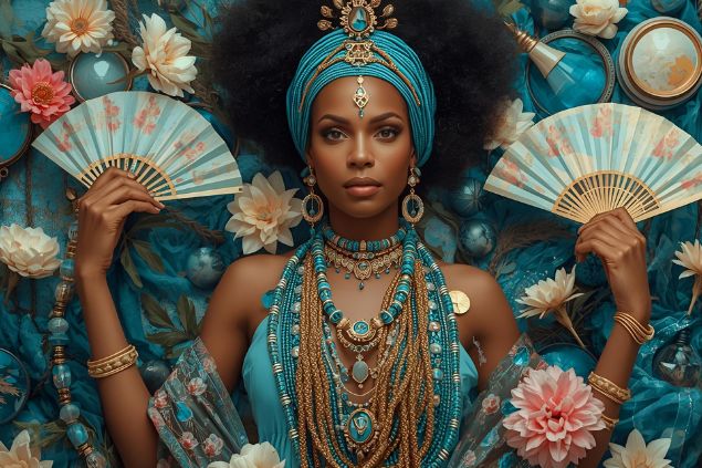 Canva/horoscopovIrtuAl Imagem de Oxum Kare que usa roupas em tons de azul, verde-água ou dourado claro, simbolizando água, cura e equilíbrio. Seus colares são delicados e ricos em significado, e ela carrega espelhos, flores e leques, reforçando sua energia de proteção, beleza e força amorosa.