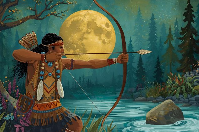 Canva/horoscopovIrtuAl Imagem de Oxóssi que é representado usando o arco e flecha, é conhecido como “o caçador de uma flecha só”. Está ligado à Lua, pois é na noite que encontra o melhor momento para a caça. As cores de Oxóssi são o verde, o azul e o azul-turquesa – que representam basicamente a natureza (rios e mata).