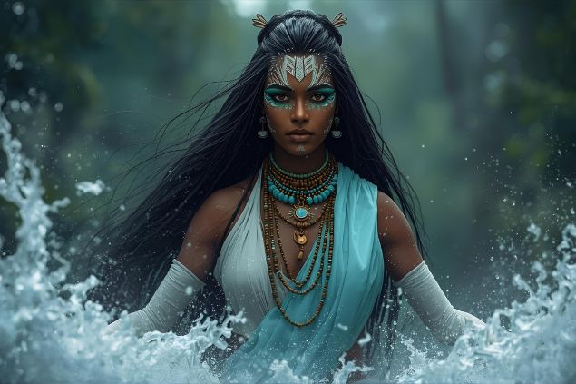 Imagem de Otin, entidade ligada a Oxóssi que possui uma energia firme e acolhedora.  Otin é tradicionalmente representada com vestes em tons de azul-claro, verde e branco, cores que evocam as águas doces e as matas.