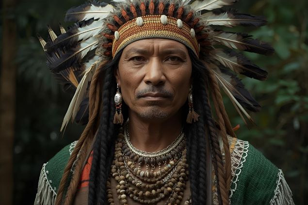 Canva/horoscopovIrtuAl Imagem do Caboclo Araribóia que é tradicionalmente representado com trajes em tons de verde, marrom e branco, cores que simbolizam a floresta, a terra e a pureza espiritual.