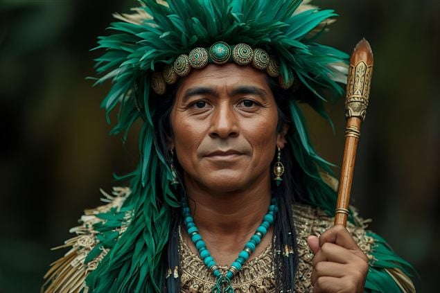 Imagem do Caboclo Pena Verde é tradicionalmente representado com roupas em tons de verde, azul e branco, cores que simbolizam a vida, o céu e a pureza espiritual. Usa adornos de penas e sementes, colares naturais carregando cajado ou bastão. Seu semblante transmite serenidade e determinação. 