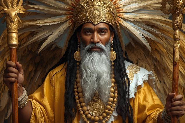 Canva/horoscopovIrtuAl imagem do Caboclo Pena Dourada representado com roupas em tons de dourado, branco e marrom. Usa adornos de penas douradas, colares de contas naturais e, muitas vezes, carrega um cajado ou bastão ritual, representando proteção e orientação. Seu semblante transmite segurança, firmeza e clareza.