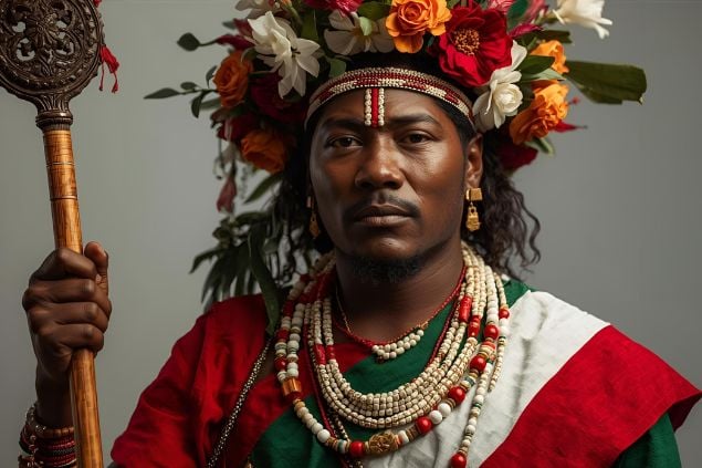 Imagem do Exu Mangueira representado com roupas em tons de vermelho, branco e verde, cores que simbolizam força, pureza e vitalidade. Utiliza adornos de contas, colares e elementos naturais, muitas vezes carregando um bastão ou cajado. Seu semblante transmite firmeza, segurança e dinamismo. 