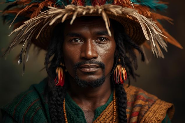 Imagem do Exu das Matas que costuma ser representado com roupas em tons de verde, marrom e vermelho-terra, que remetem às cores da floresta e ao fogo vital que anima a natureza. Costuma usar chapéu de palha ou penas. Seu olhar transmite calma e confiança. 