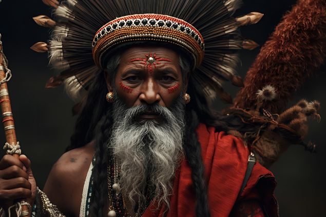 Imagem do Exu Pimenta representado com roupas em tons de vermelho, preto e branco, cores que simbolizam força, proteção e pureza. Ele utiliza adornos de contas, colares e elementos naturais. Seu semblante transmite energia, firmeza e dinamismo.